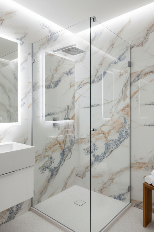 Panneau Mural UV en PVC effet marbre, Blanc bleu dorée , 4x8 pied 3mm - Panore