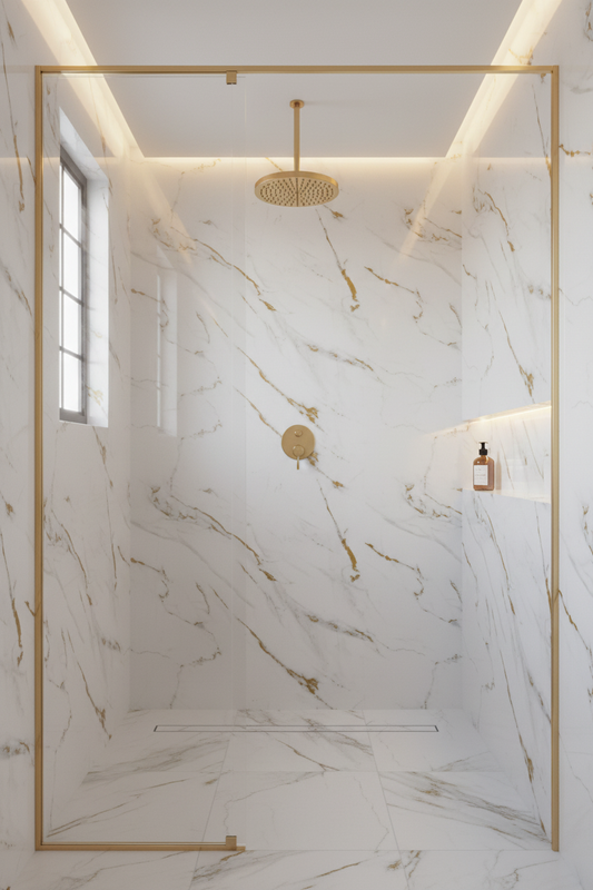 Panneau Mural UV en PVC effet marbre, Blanc ligné d'or, 4x8 pied 3mm | Panore - Panore
