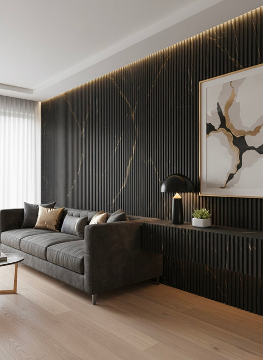 Panneaux cannelés en WPC, Noir veine dorée, 0,5 x 9,5 pied x 24 mm (10 pièces/boites) - Panore