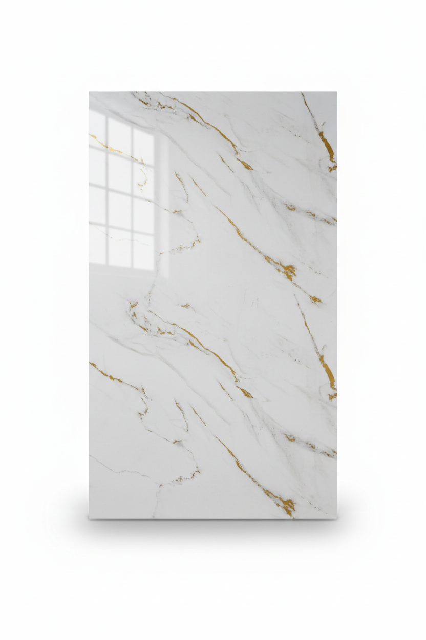 Marble-effect PVC UV wall panel, white with gold lines, 4x8 feet, 3mm