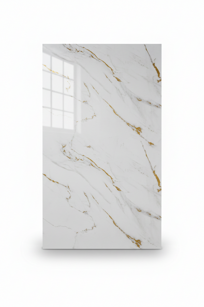 Marble-effect PVC UV wall panel, white with gold lines, 4x8 feet, 3mm