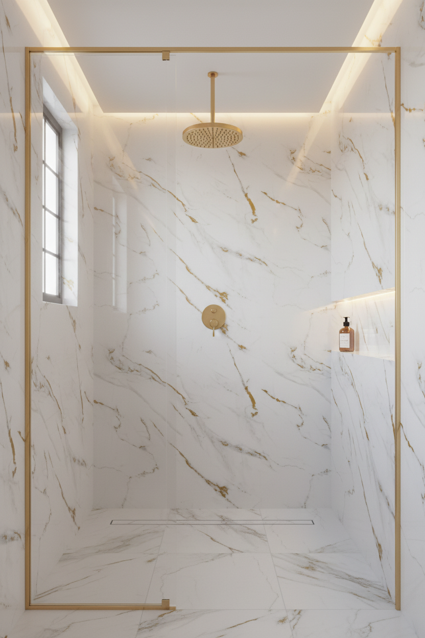 Marble-effect PVC UV wall panel, white with gold lines, 4x8 feet, 3mm