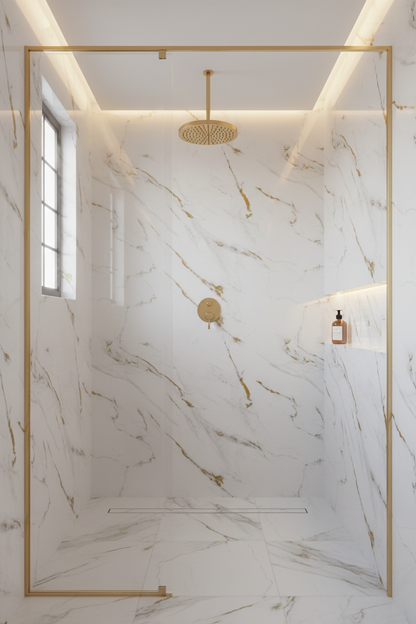 Marble-effect PVC UV wall panel, white with gold lines, 4x8 feet, 3mm