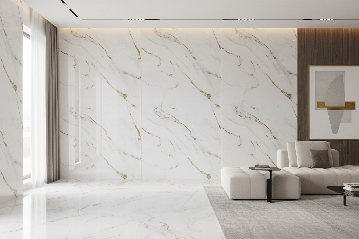 Marble-effect PVC UV wall panel, white with gold lines, 4x8 feet, 3mm