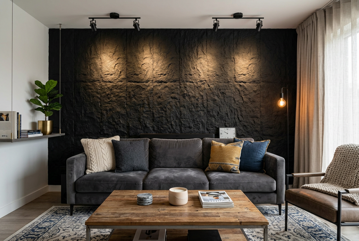 PU Faux Stone, Noir, 2×4 pieds 30mm (4 Panneaux/boite)