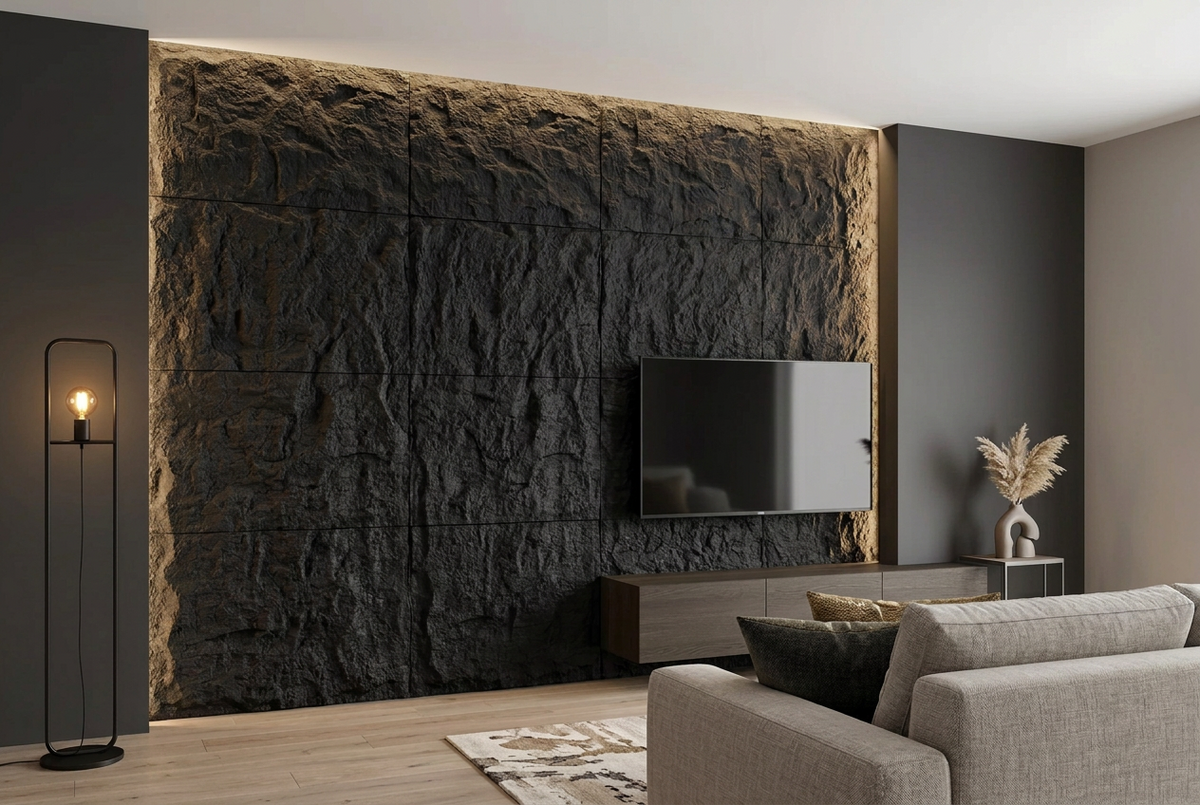 PU Faux Stone, Noir, 2×4 pieds 30mm (4 Panneaux/boite)