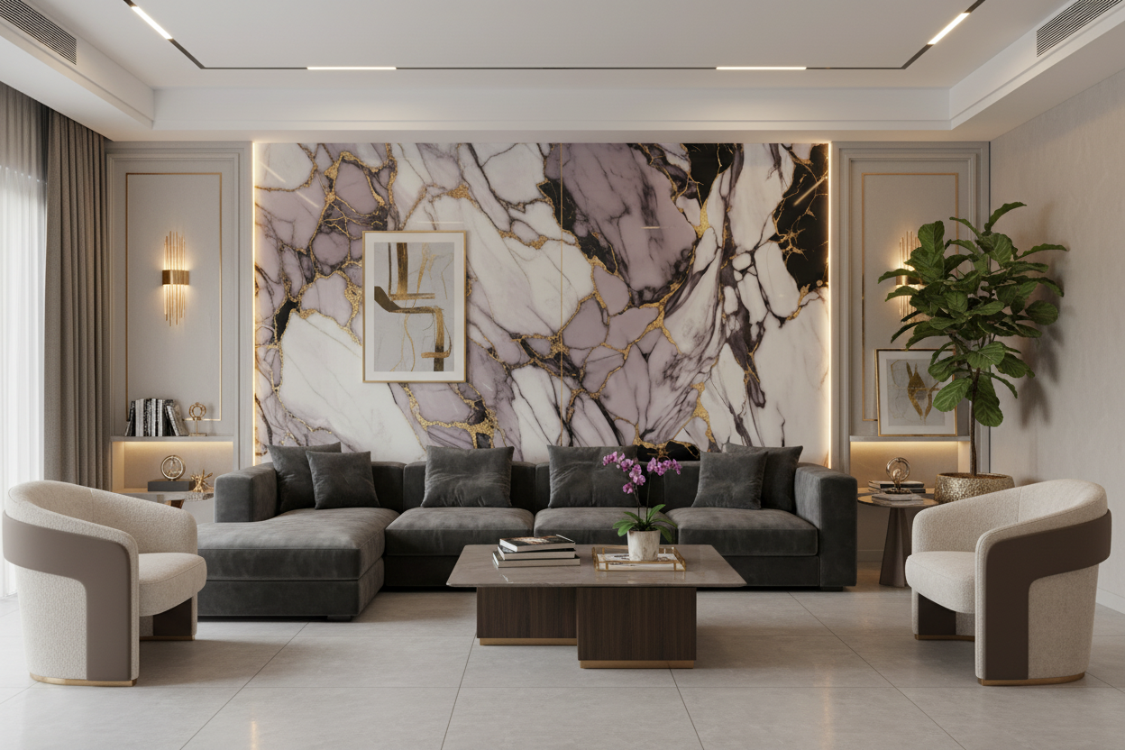 Panneau Mural UV en PVC effet marbre, Aurore d'or mauve , 4x8 pied 3mm | Panore - Panore