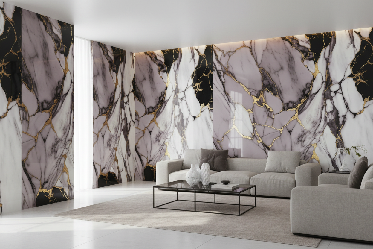 Panneau Mural UV en PVC effet marbre, Aurore d'or mauve , 4x8 pied 3mm | Panore - Panore