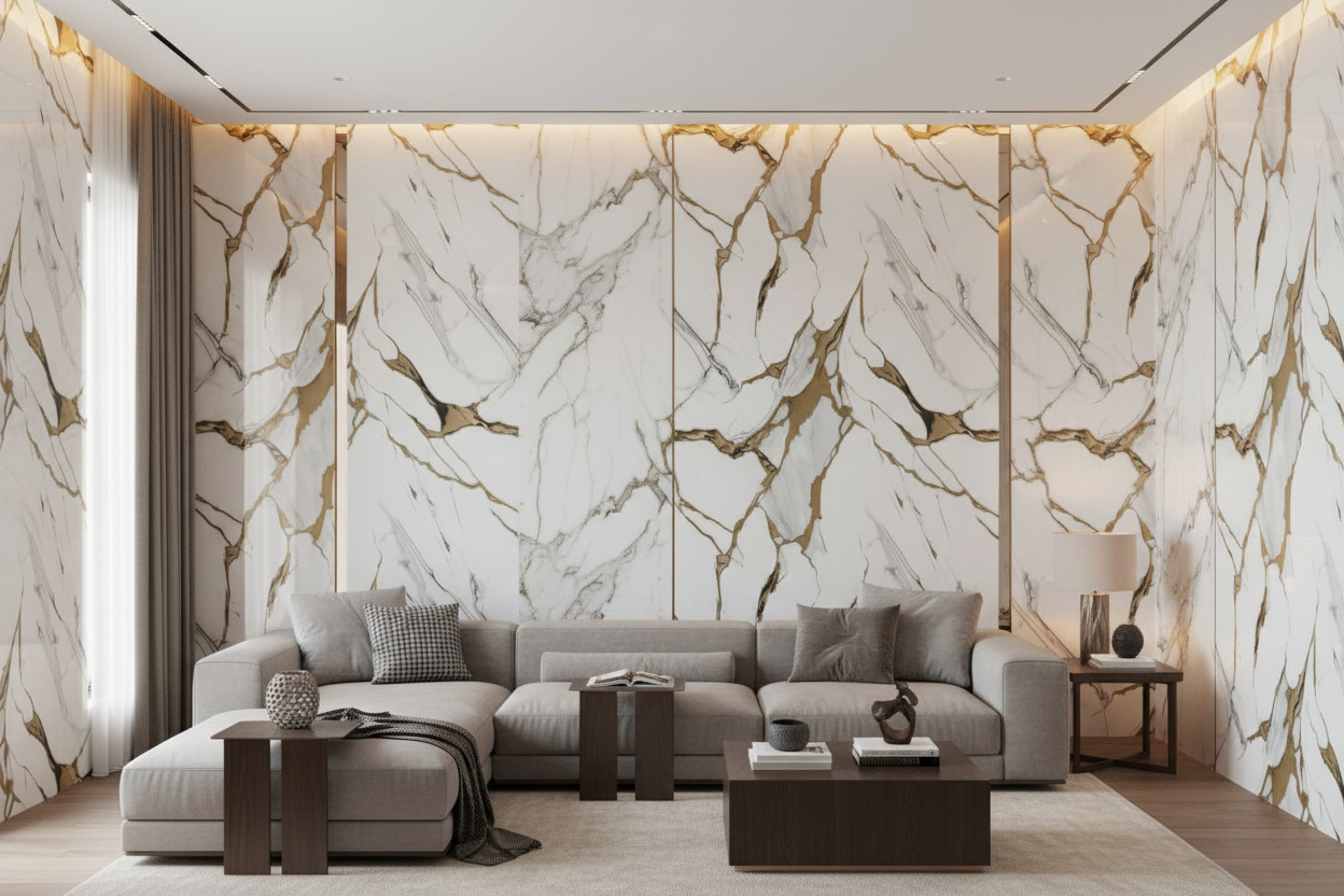 Panneau Mural UV en PVC effet marbre, Aurore gris d'or , 4x8 pied 3mm - Panore