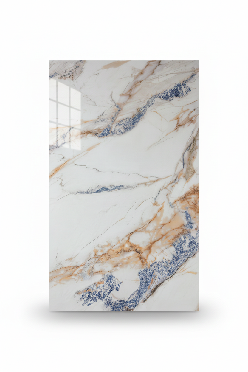 Panneau Mural UV en PVC effet marbre, Blanc bleu dorée , 4x8 pied 3mm - Panore