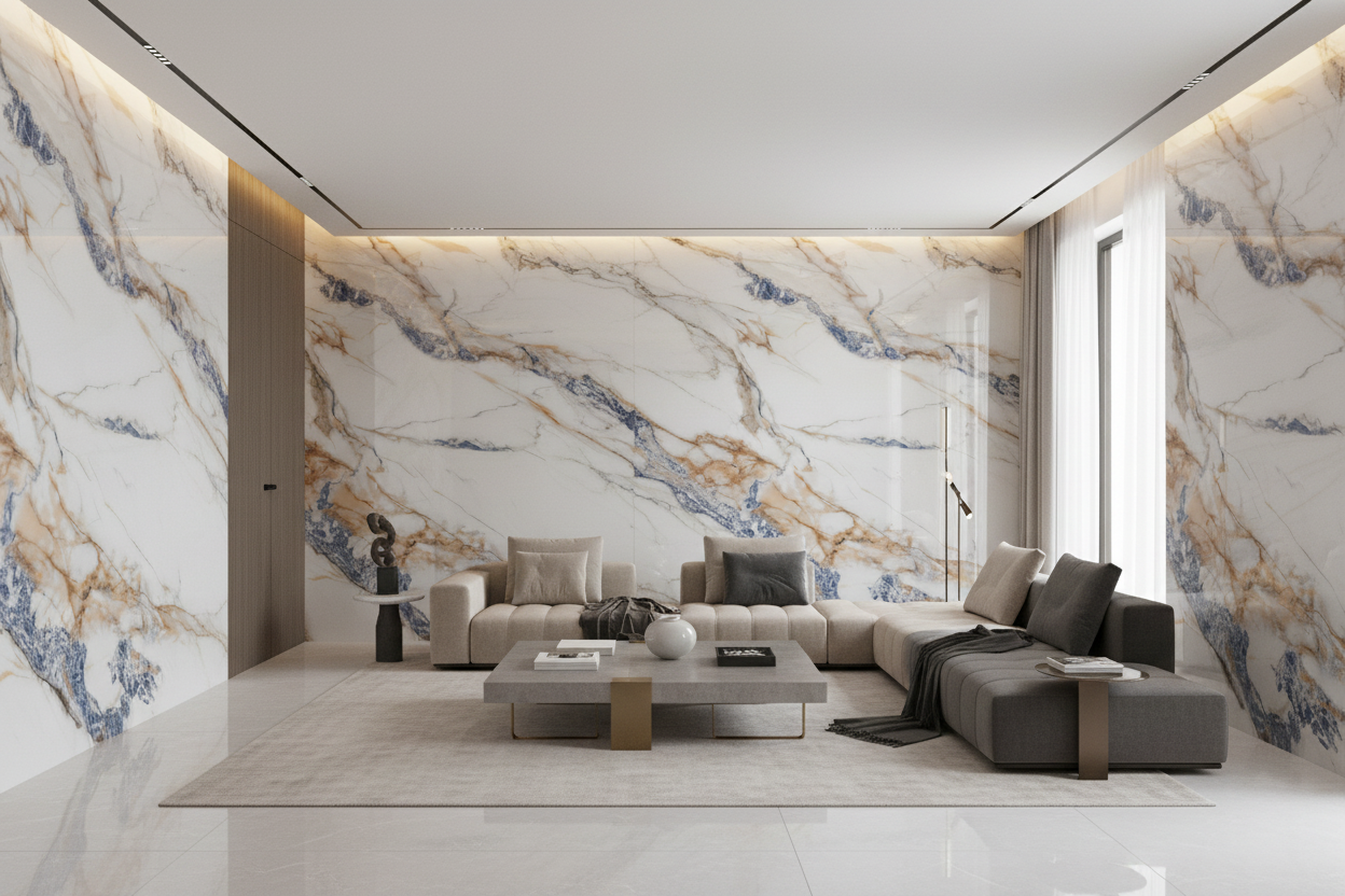 Panneau Mural UV en PVC effet marbre, Blanc bleu dorée , 4x8 pied 3mm - Panore