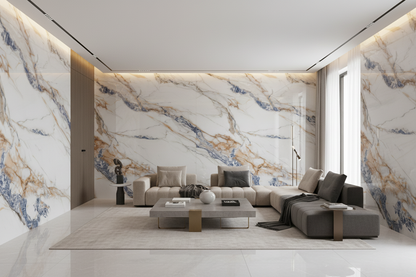 Panneau Mural UV en PVC effet marbre, Blanc bleu dorée , 4x8 pied 3mm - Panore