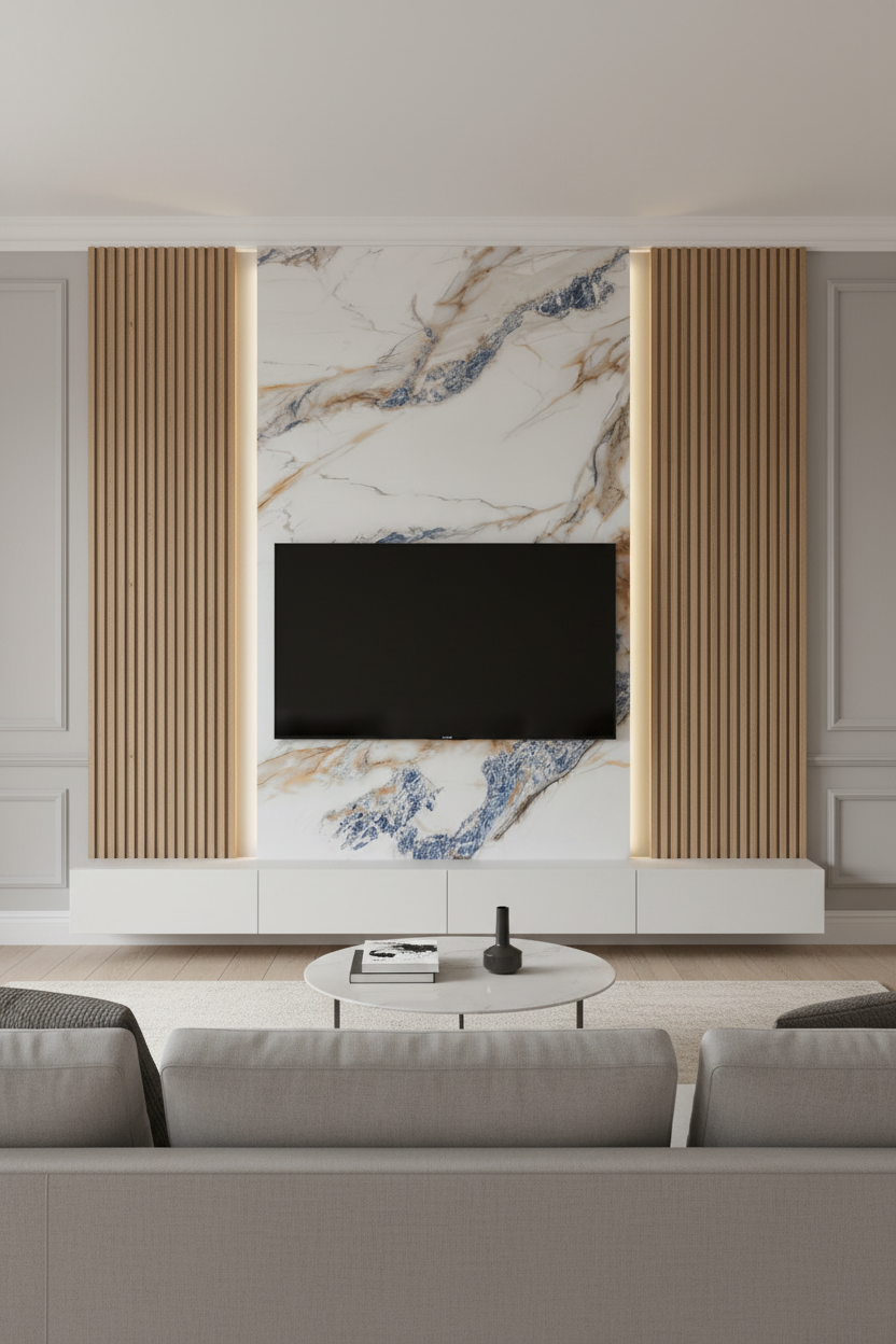 Panneau Mural UV en PVC effet marbre, Blanc bleu dorée , 4x8 pied 3mm - Panore