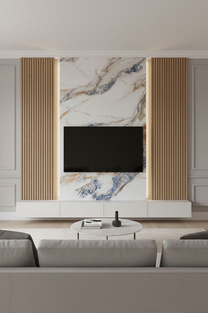 Panneau Mural UV en PVC effet marbre, Blanc bleu dorée , 4x8 pied 3mm - Panore