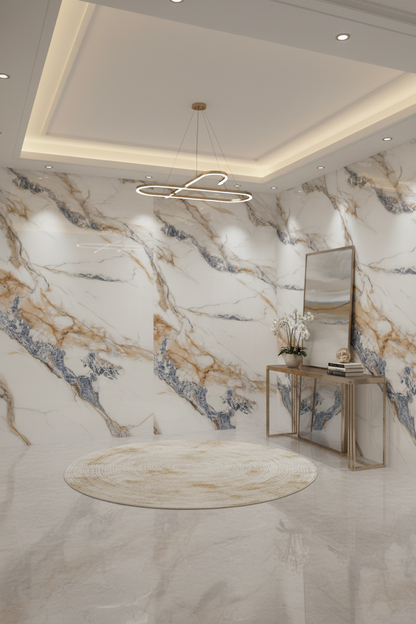 Panneau Mural UV en PVC effet marbre, Blanc bleu dorée , 4x8 pied 3mm - Panore