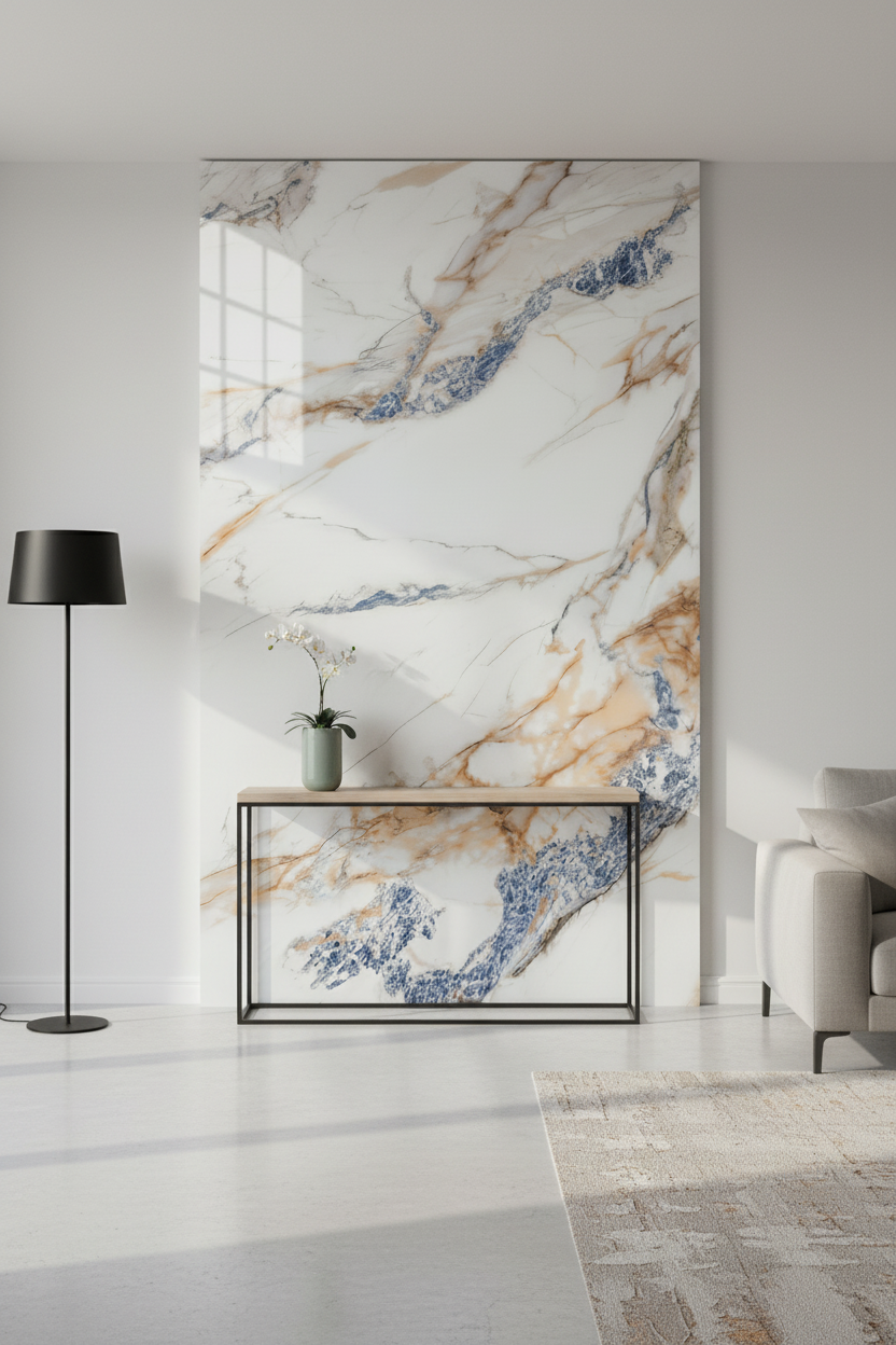 Panneau Mural UV en PVC effet marbre, Blanc bleu dorée , 4x8 pied 3mm - Panore