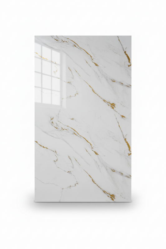 Panneau Mural UV en PVC effet marbre, Blanc ligné d'or, 4x8 pied 3mm | Panore - Panore