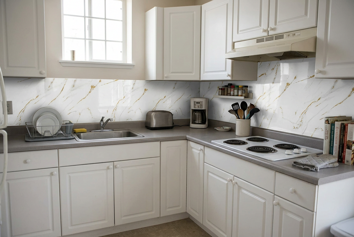 Marble-effect UV PVC Wall Panel, Gold Striped White, 4x8 feet 3mm | Panore