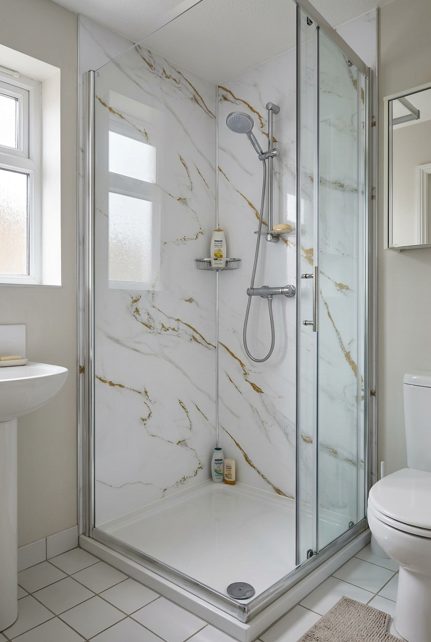 Marble-effect UV PVC Wall Panel, Gold Striped White, 4x8 feet 3mm | Panore