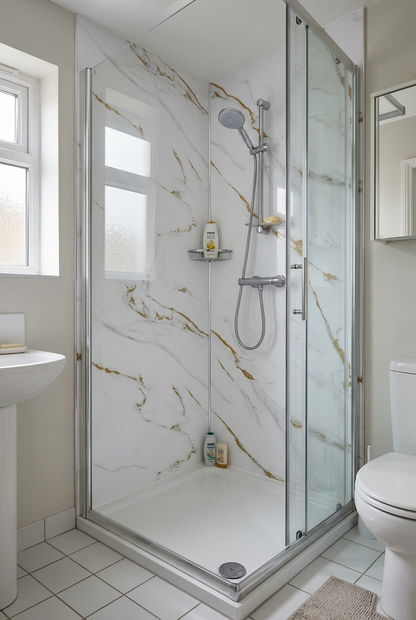 Marble-effect UV PVC Wall Panel, Gold Striped White, 4x8 feet 3mm | Panore