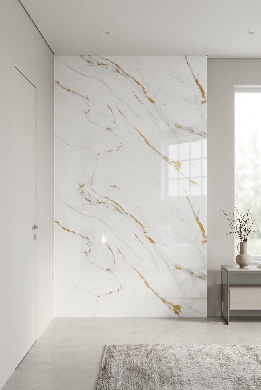 Marble-effect UV PVC Wall Panel, Gold Striped White, 4x8 feet 3mm | Panore