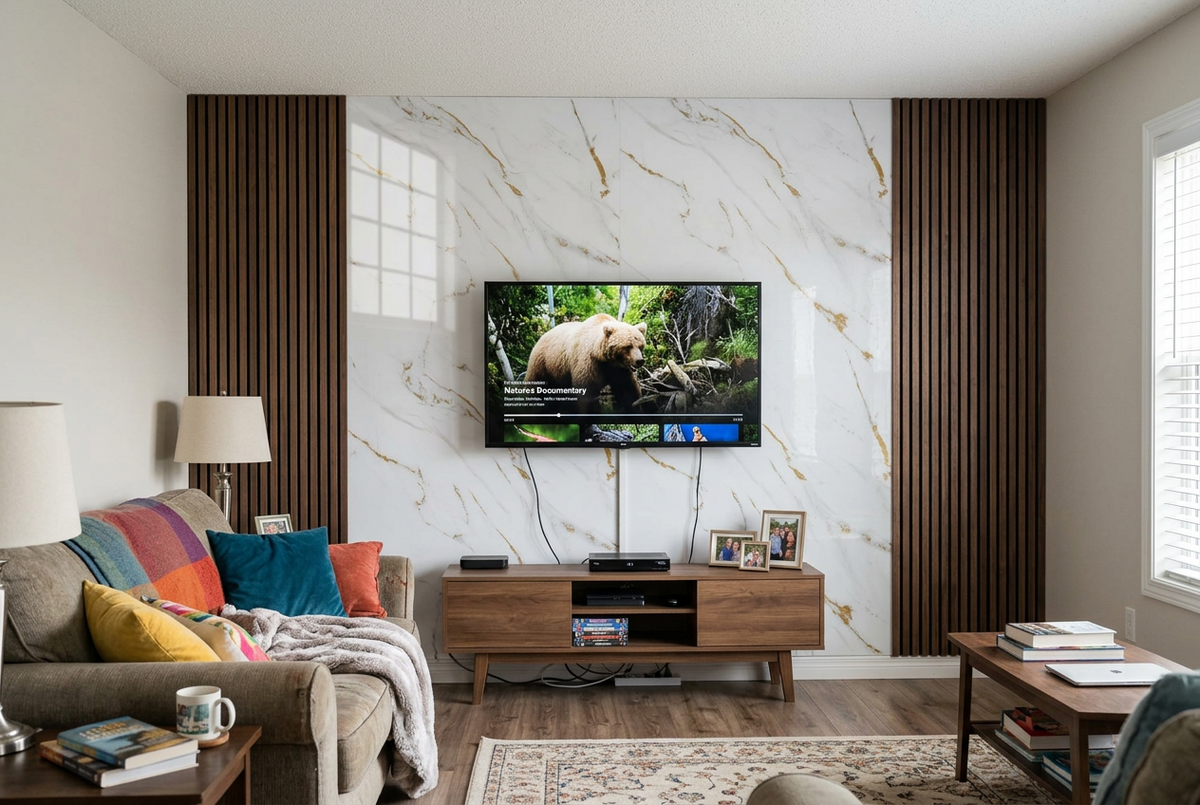 Marble-effect UV PVC Wall Panel, Gold Striped White, 4x8 feet 3mm | Panore