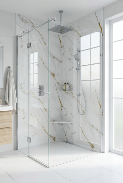 Marble-effect UV PVC Wall Panel, Gold Striped White, 4x8 feet 3mm | Panore