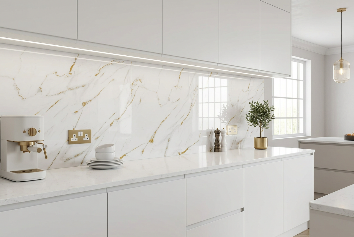 Marble-effect UV PVC Wall Panel, Gold Striped White, 4x8 feet 3mm | Panore