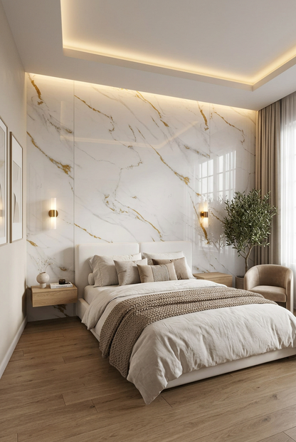 Marble-effect UV PVC Wall Panel, Gold Striped White, 4x8 feet 3mm | Panore