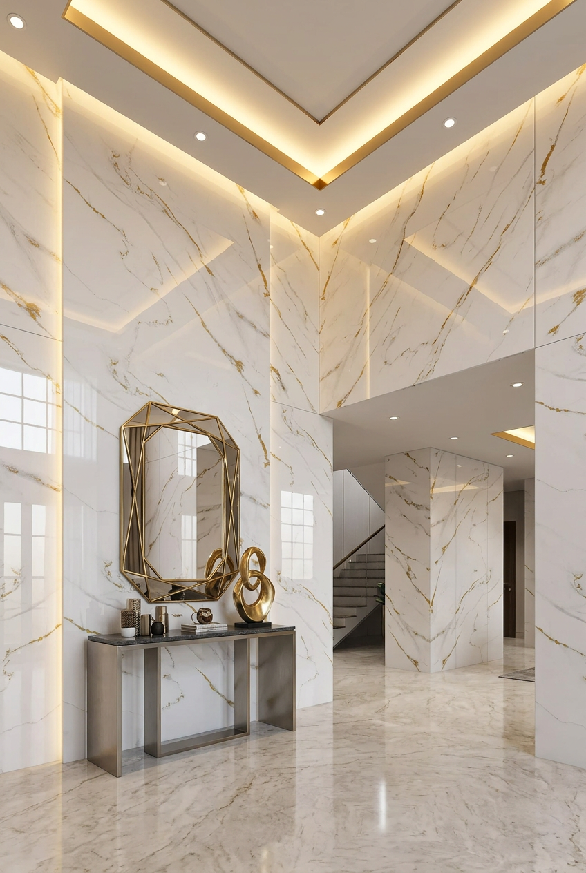 Marble-effect UV PVC Wall Panel, Gold Striped White, 4x8 feet 3mm | Panore