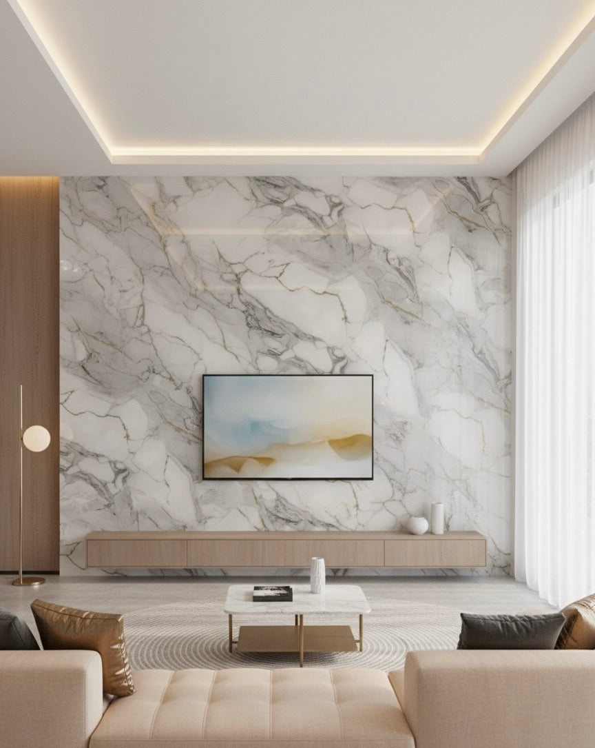 Panneau Mural UV en PVC effet marbre, Gris d'orage d'or , 4x8 pied 3mm - Panore