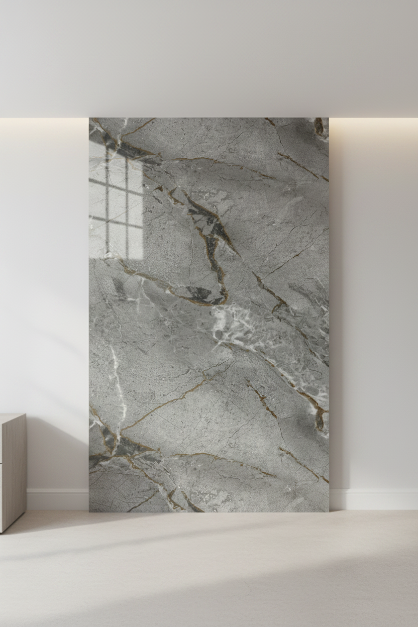 UV PVC Marble Effect Wall Panel, Gold Vein Grey, 4x8 feet 3mm | Panore