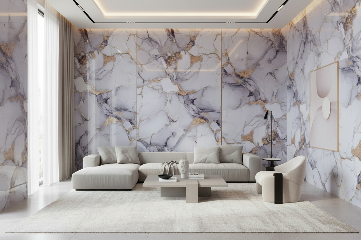 Panneau Mural UV en PVC effet marbre, Mauve doré , 4x8 pied 3mm - Panore