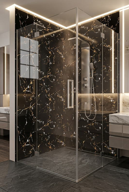 Panneau Mural UV en PVC effet marbre, Noir brillant d'or blanc, 4x8 pied 3mm | Panore