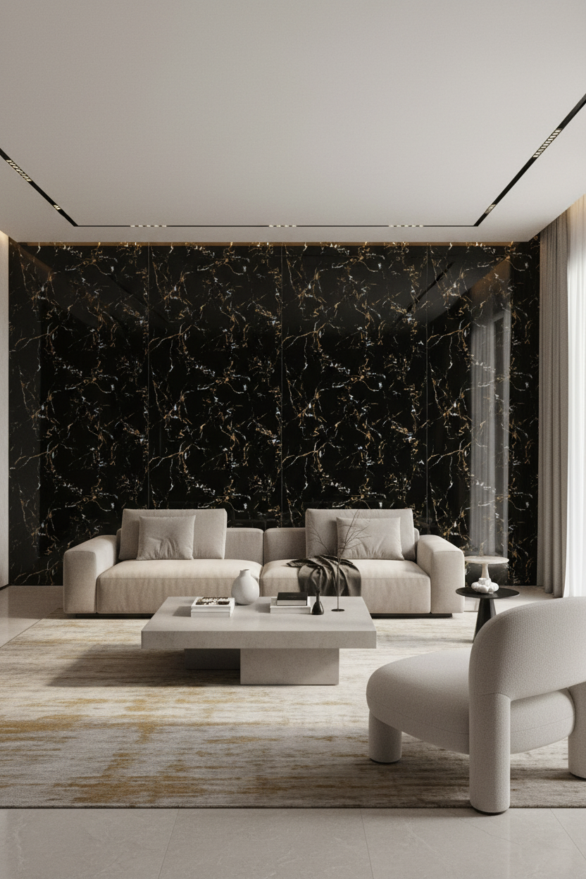 Panneau Mural UV en PVC effet marbre, Noir brillant d'or blanc, 4x8 pied 3mm - Panore