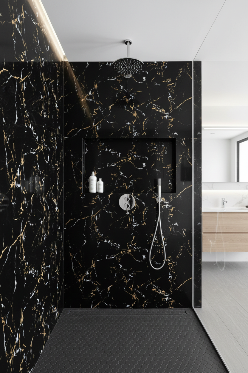 Panneau Mural UV en PVC effet marbre, Noir brillant d'or blanc, 4x8 pied 3mm - Panore