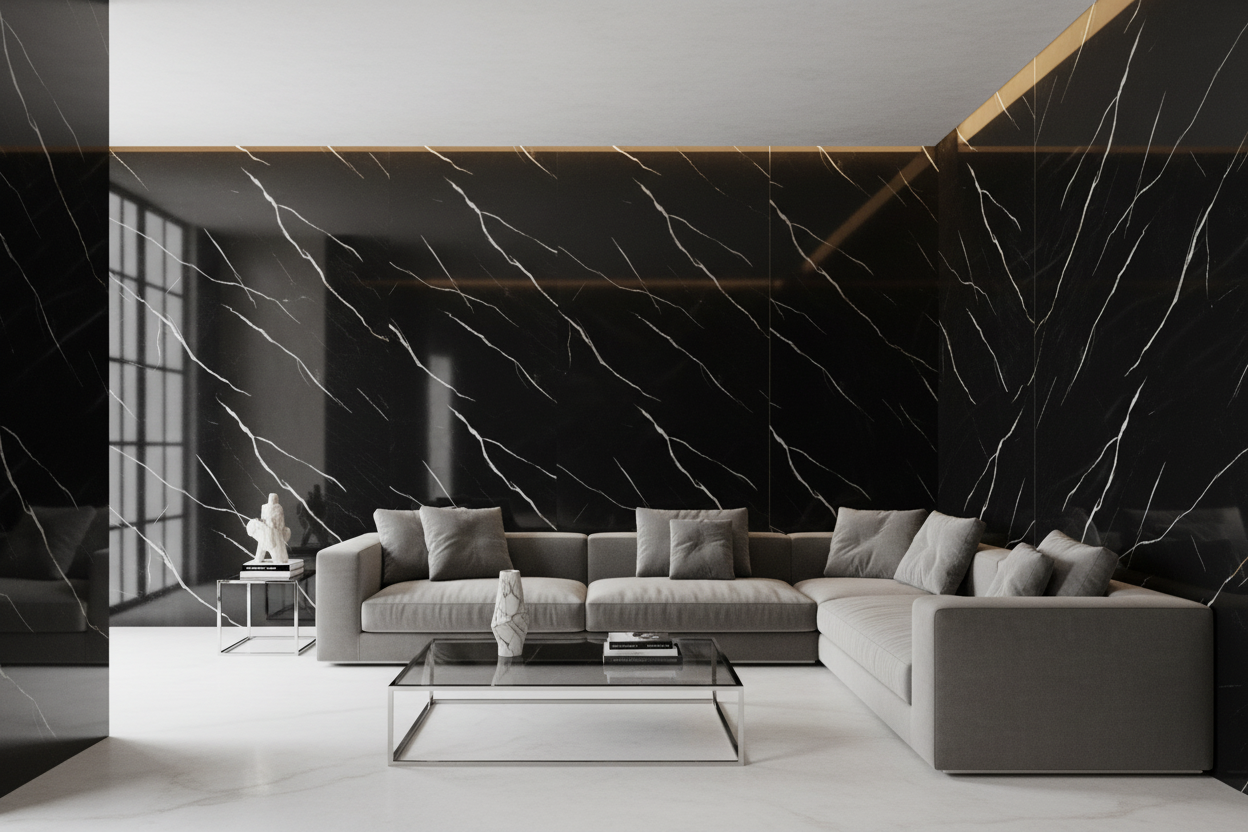 Panneau Mural UV en PVC effet marbre, Noir ligne blanche , 4x8 pied 3mm - Panore