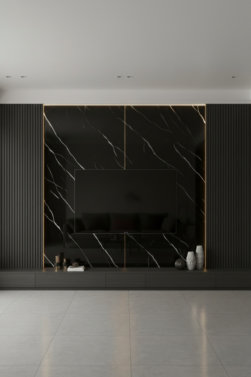 Panneau Mural UV en PVC effet marbre, Noir ligne blanche , 4x8 pied 3mm | Panore - Panore