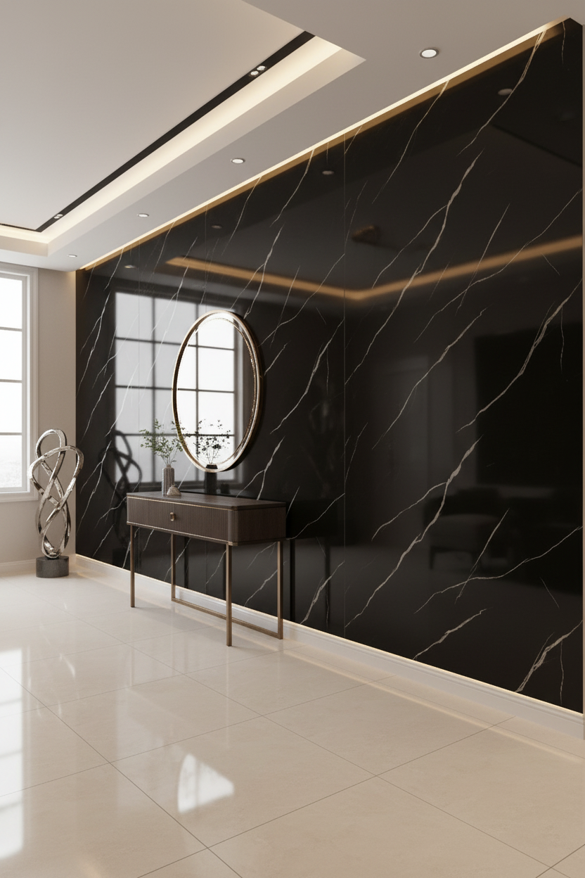 Panneau Mural UV en PVC effet marbre, Noir ligne blanche , 4x8 pied 3mm | Panore - Panore