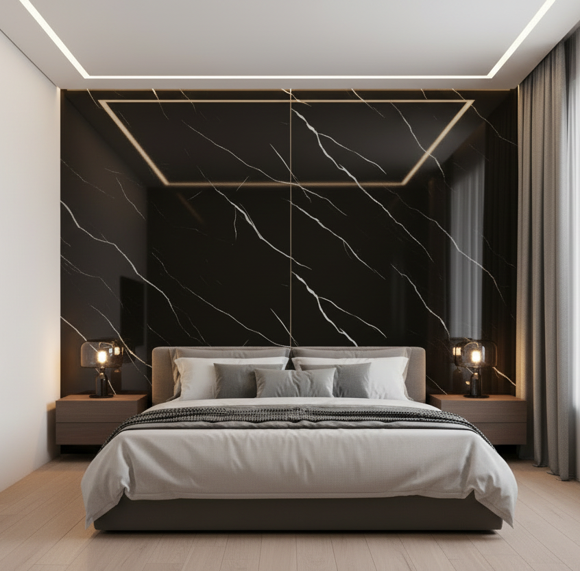 Panneau Mural UV en PVC effet marbre, Noir ligne blanche , 4x8 pied 3mm | Panore - Panore
