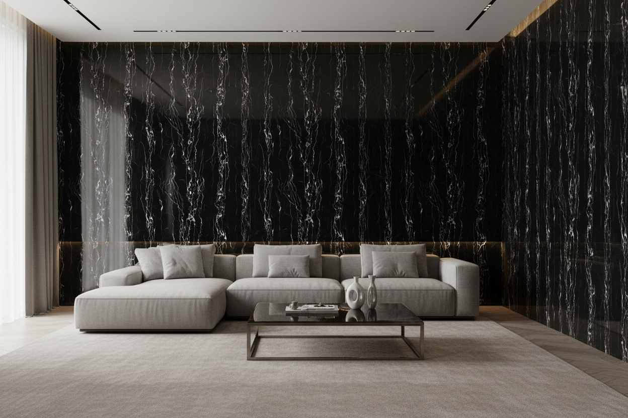 Panneau Mural UV en PVC effet marbre, Noir vague blanche , 4x8 pied 3mm - Panore
