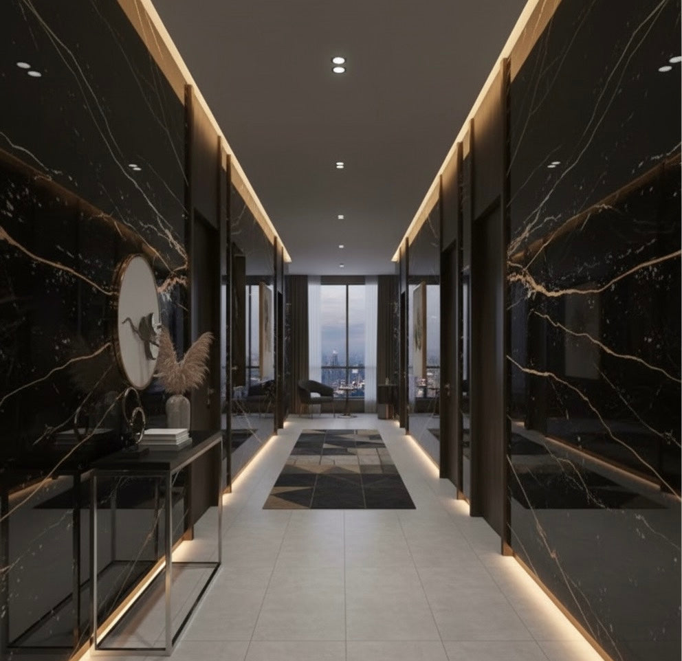 Panneau Mural UV en PVC effet marbre, Noir veine dorée, 4x8 pied 3mm | Panore - Panore