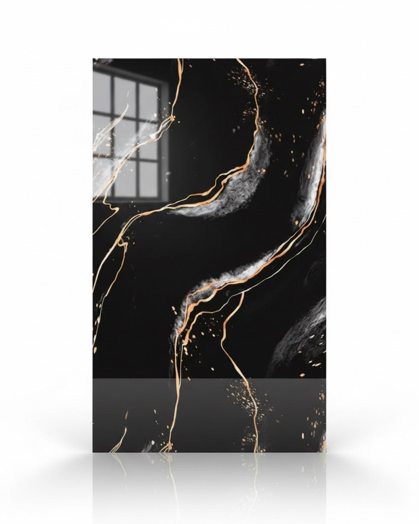 Panneau Mural UV en PVC effet marbre, Noir veine dorée, 4x8 pied 3mm | Panore - Panore