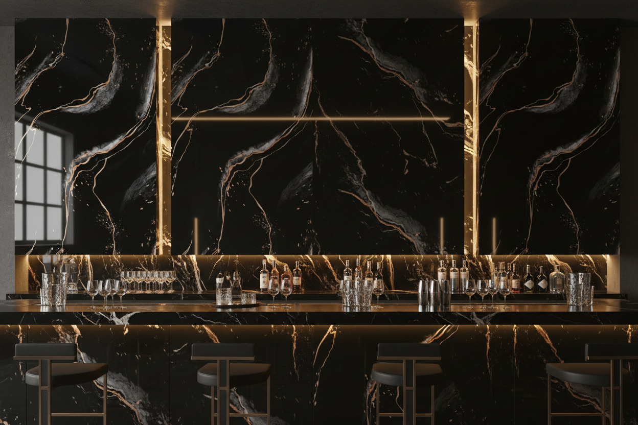 Panneau Mural UV en PVC effet marbre, Noir veine dorée, 4x8 pied 3mm | Panore - Panore