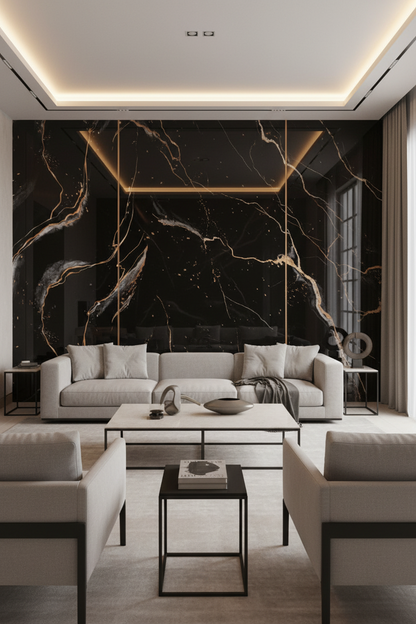 Panneau Mural UV en PVC effet marbre, Noir veine dorée, 4x8 pied 3mm | Panore - Panore