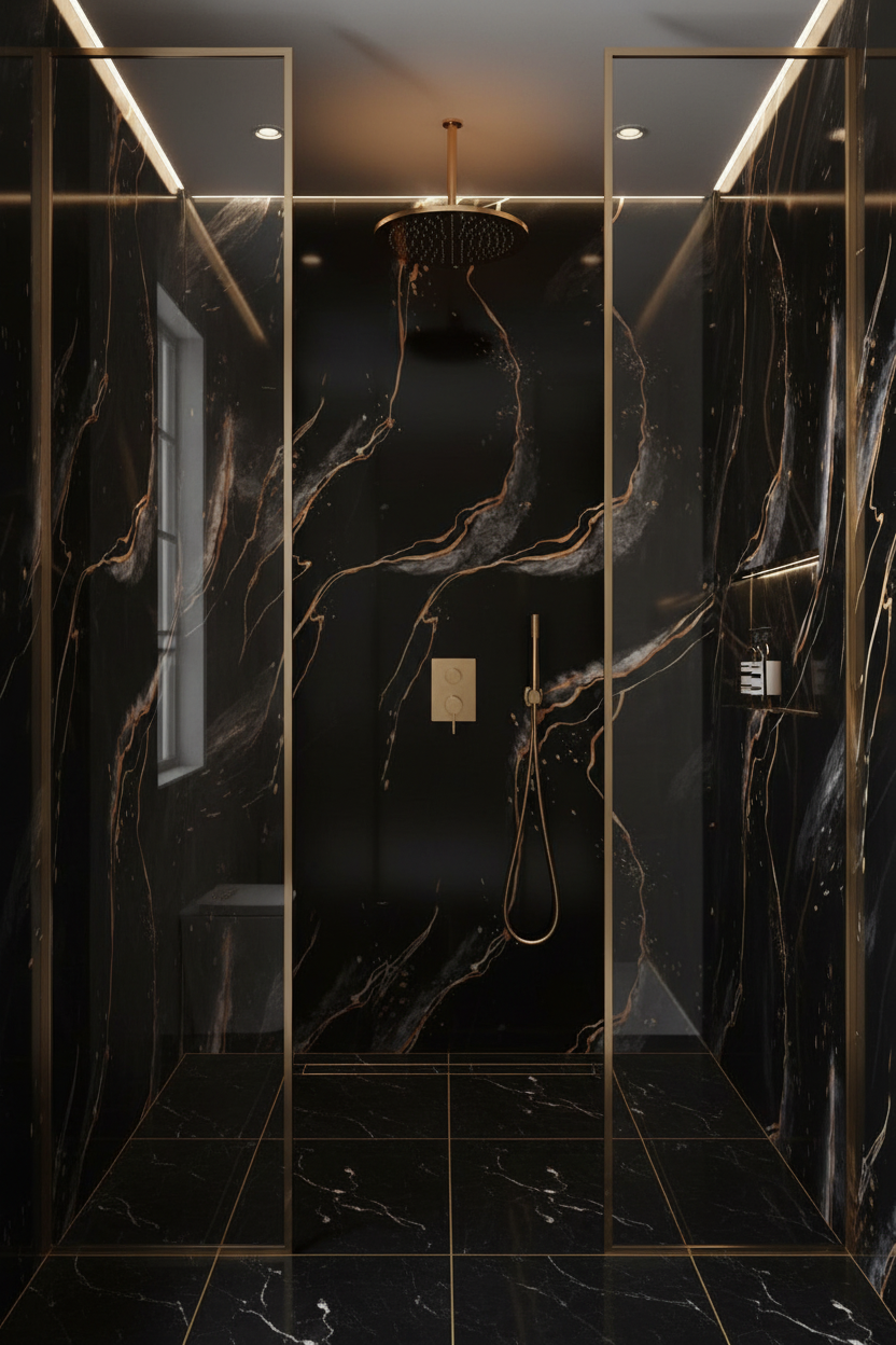 Panneau Mural UV en PVC effet marbre, Noir veine dorée, 4x8 pied 3mm | Panore - Panore