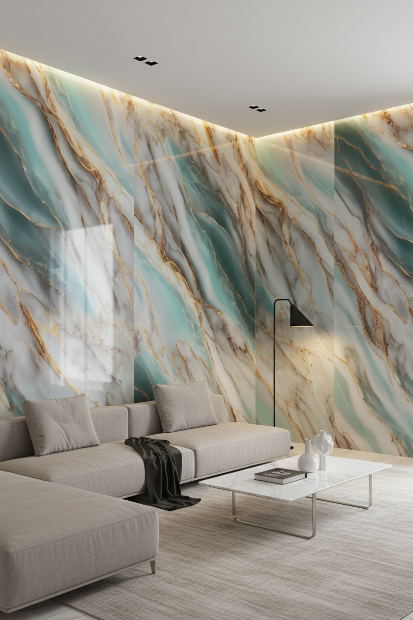 Panneau Mural UV en PVC effet marbre, Ocean d'or , 4x8 pied 3mm - Panore