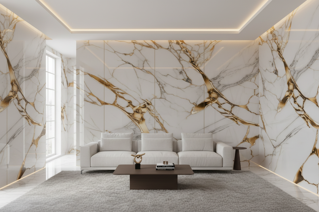 Panneau Mural UV en PVC effet marbre, Toile d'or , 4x8 pied 3mm - Panore