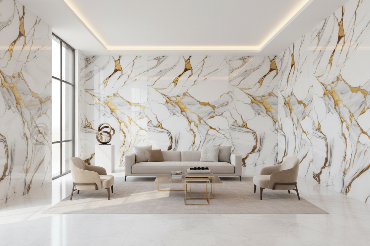 Panneau Mural UV en PVC effet marbre, Toile doré , 4x8 pied 3mm | Panore - Panore